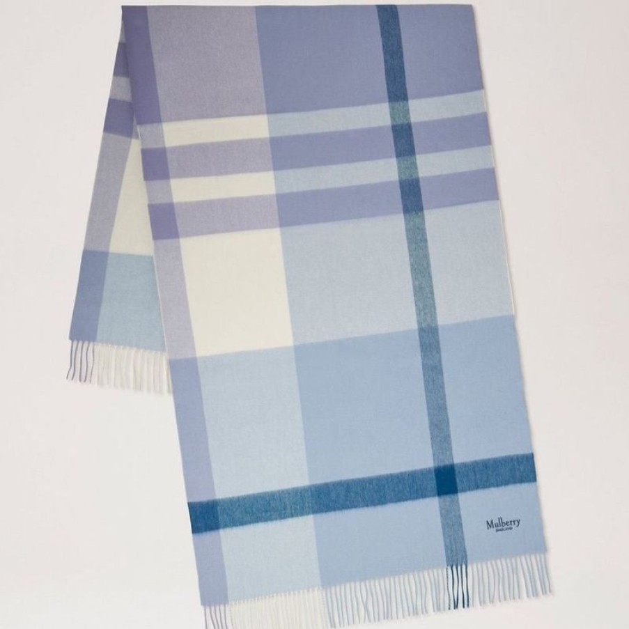 Mulberry Mulberry | Mulberry Large Check Merino Wool Scarf Poplin Blue-White